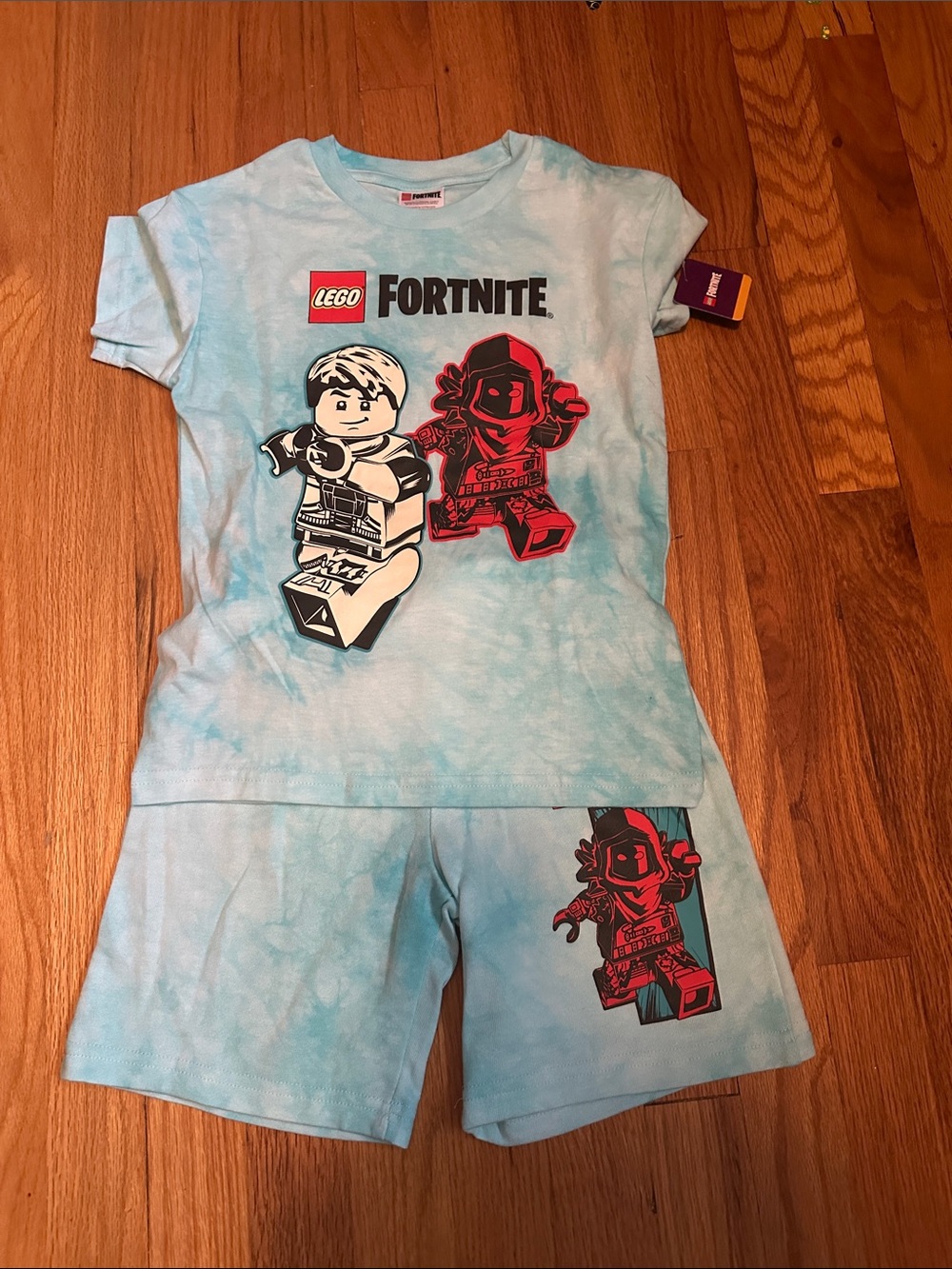 Lego Fortnite Light Blue Tie-Dye Tee and Shorts Set with Red/Black Graphics